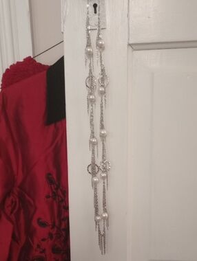 CHICO'S Long Silver Chain Necklace with Pearl Accents
